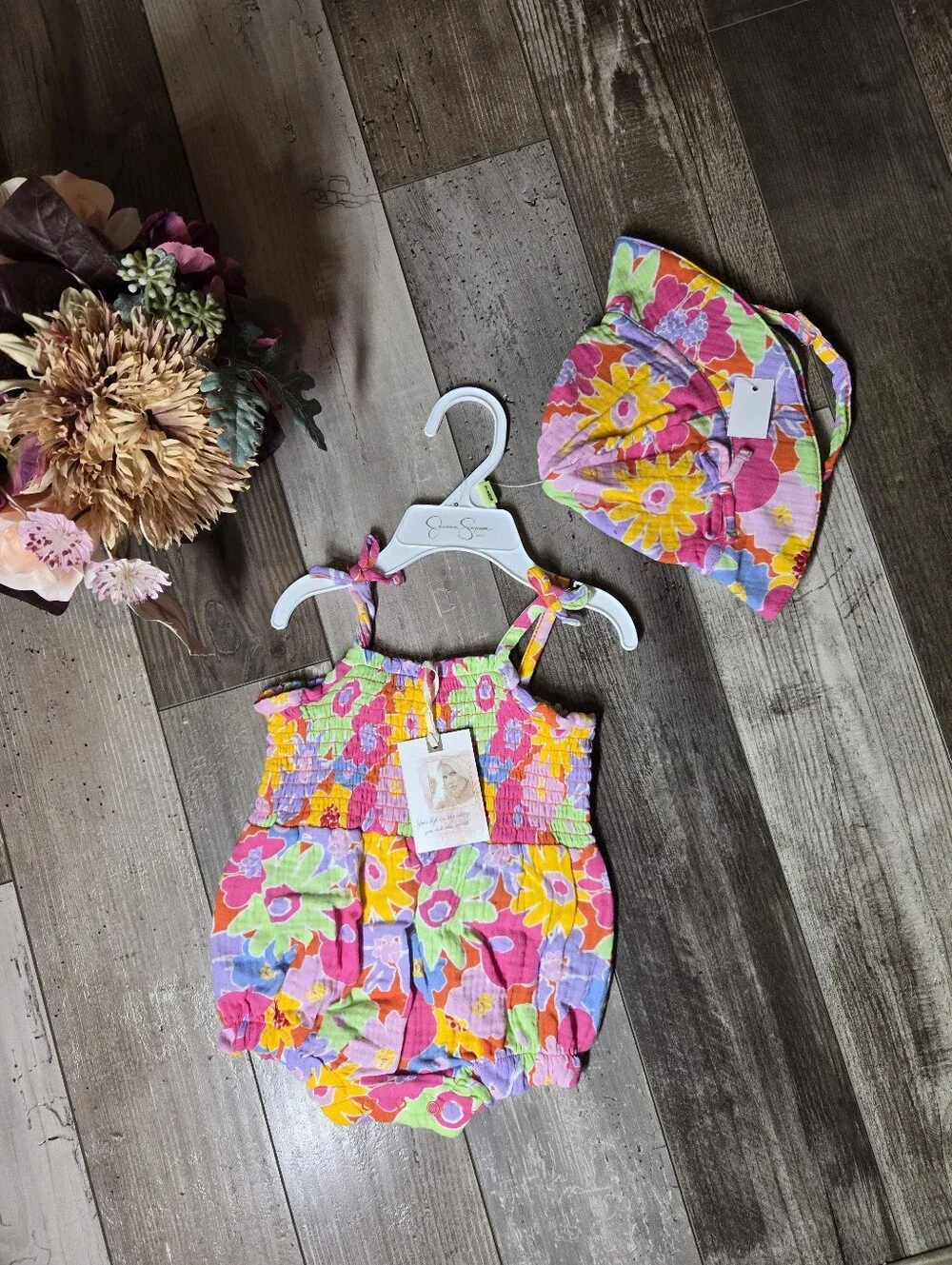 NWT Jessica Simpson Pink Purple Multicolor Floral Romper & Hat Set 3–6M